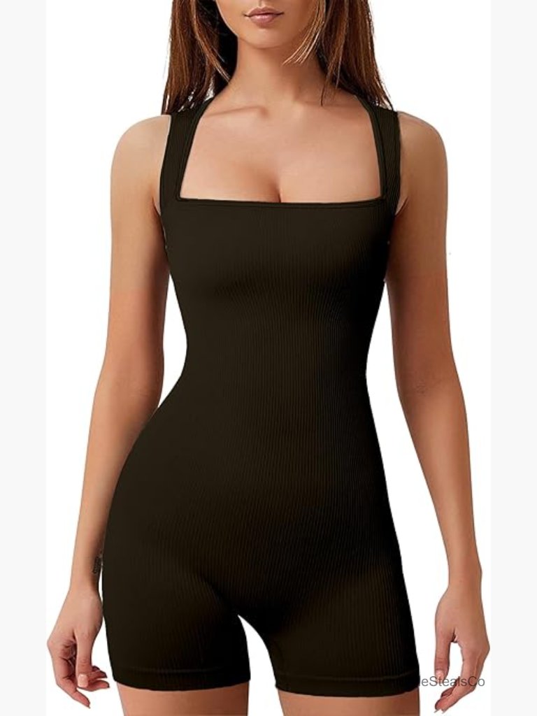 Seamless Ribbed One Piece Square Neck Romper Jumpsuit